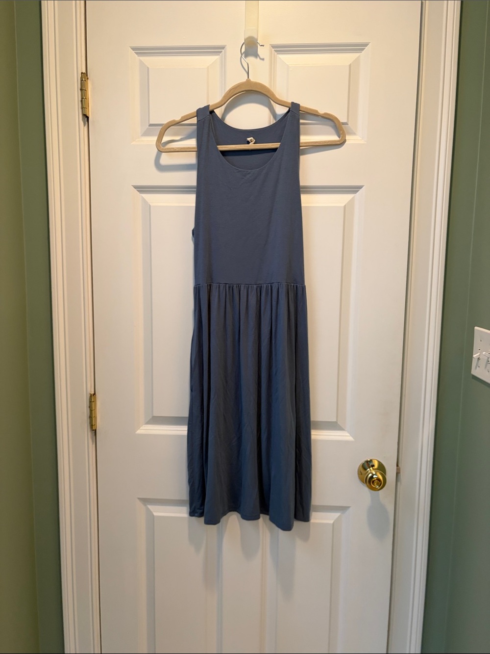 Sleeveless Blue Racer Back Jersey Midi Dress with Pockets